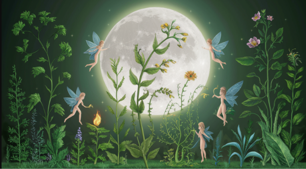 Illustration de plantes et de personnages féeriques devant une pleine lune.