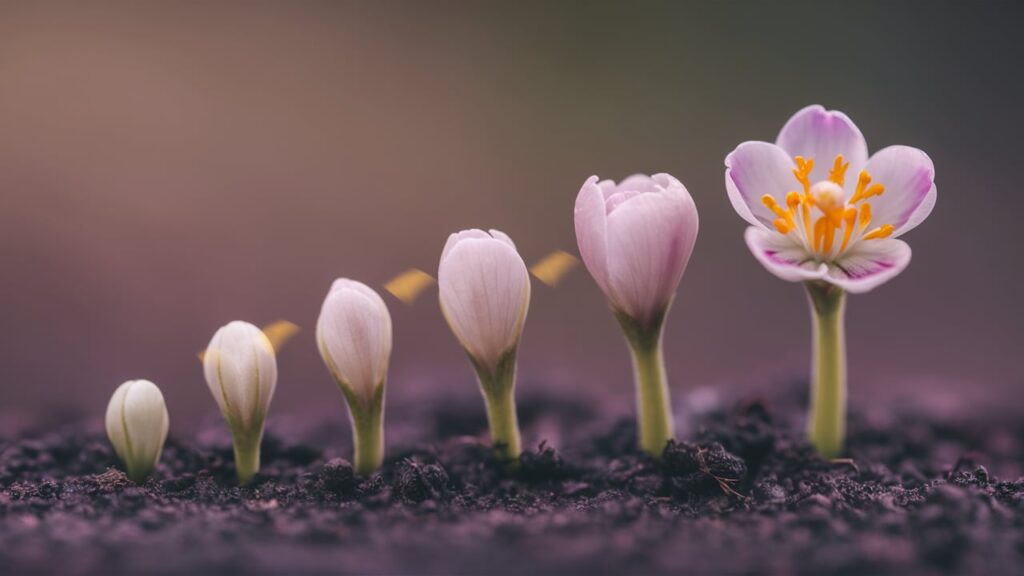 Illustration des étapes d’éclosion d’une fleur.